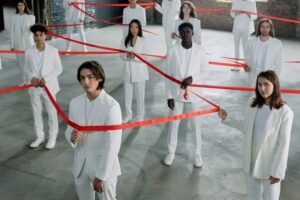 Réseau de professionnels partenaires, personnages en blanc reliés par un fil rouge symbolisant le lien entre praticiens